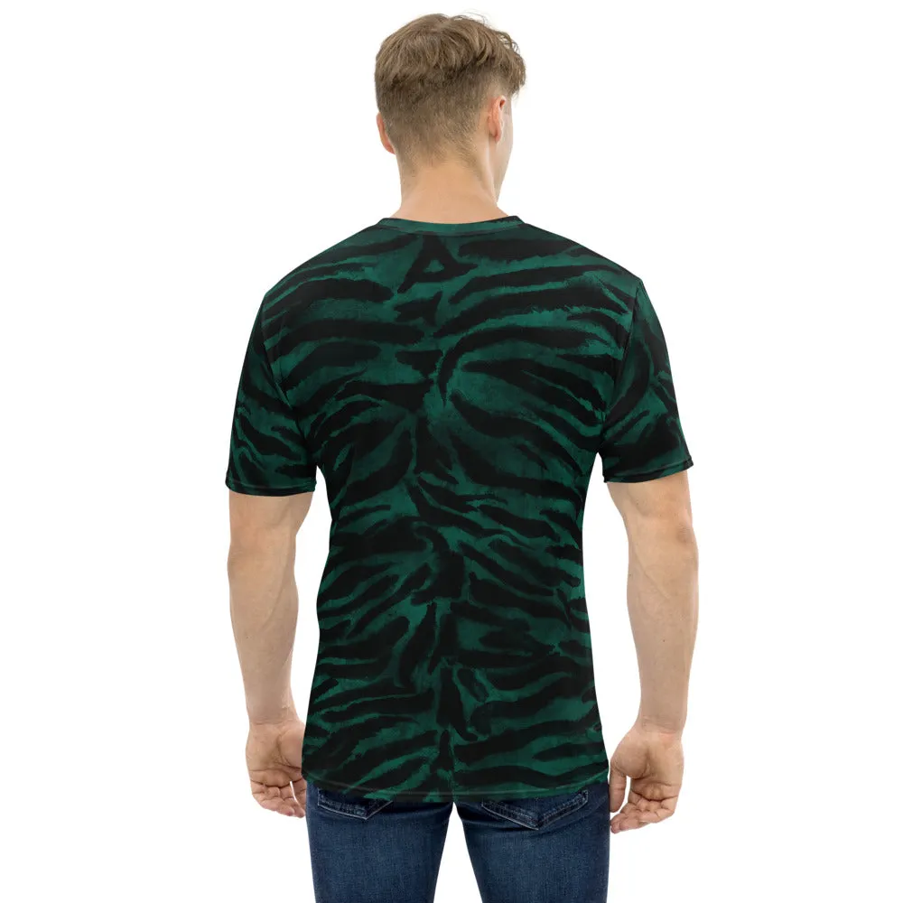 Green Tiger Striped Men's T-shirt, Animal Print Luxury Tee For Men-Made in USA/EU/MX (US Size, XS-2XL)