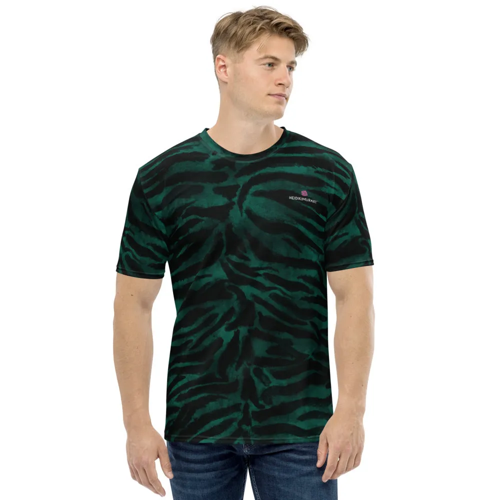 Green Tiger Striped Men's T-shirt, Animal Print Luxury Tee For Men-Made in USA/EU/MX (US Size, XS-2XL)