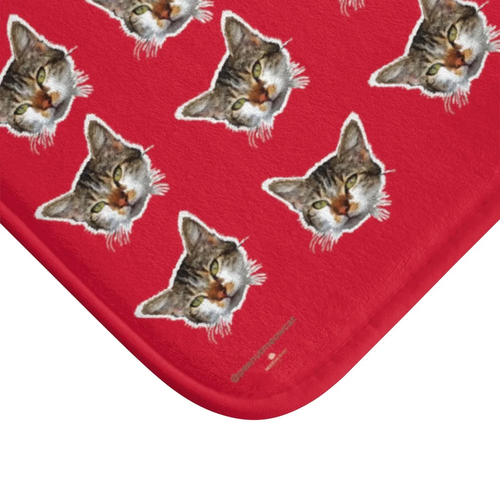 Hot Red Cat Print Bath Mat, Premium Soft Microfiber Fine Bathroom Rug- Printed in USA