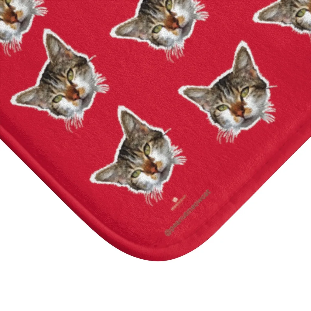 Hot Red Cat Print Bath Mat, Premium Soft Microfiber Fine Bathroom Rug- Printed in USA