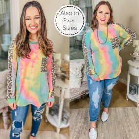 Last Chance Size 2XL | She's A Hippie Sister Tie Dye Long Sleeve Top with Leopard Accents in Yellow, Pink, and Blue