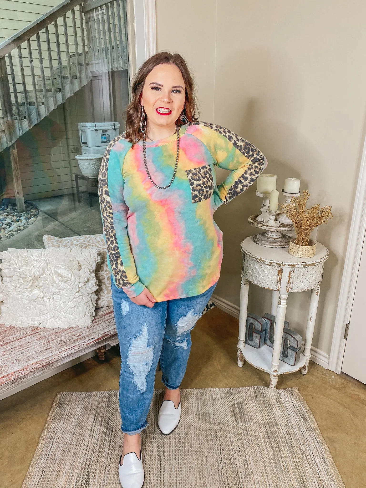 Last Chance Size 2XL | She's A Hippie Sister Tie Dye Long Sleeve Top with Leopard Accents in Yellow, Pink, and Blue