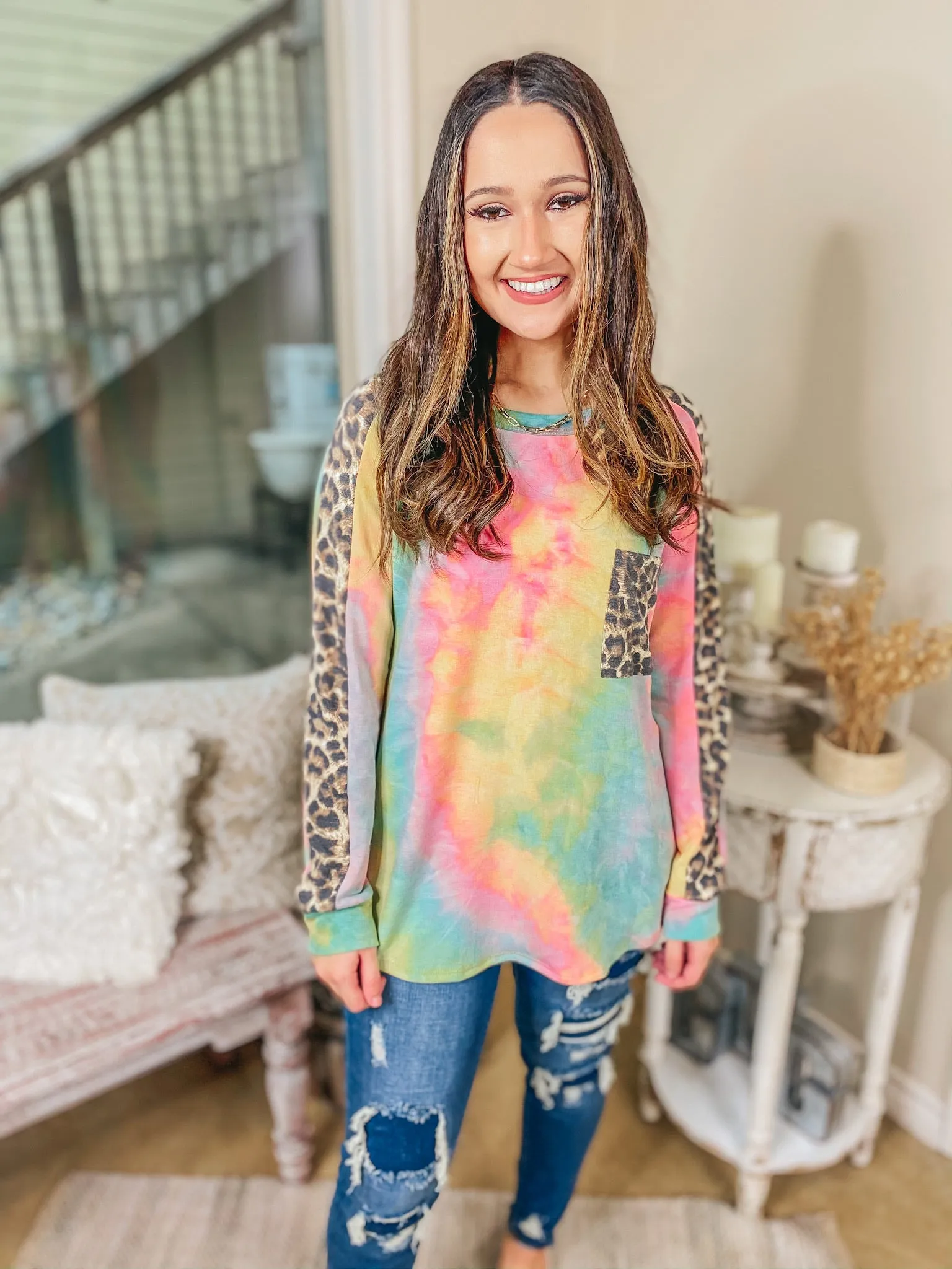 Last Chance Size 2XL | She's A Hippie Sister Tie Dye Long Sleeve Top with Leopard Accents in Yellow, Pink, and Blue