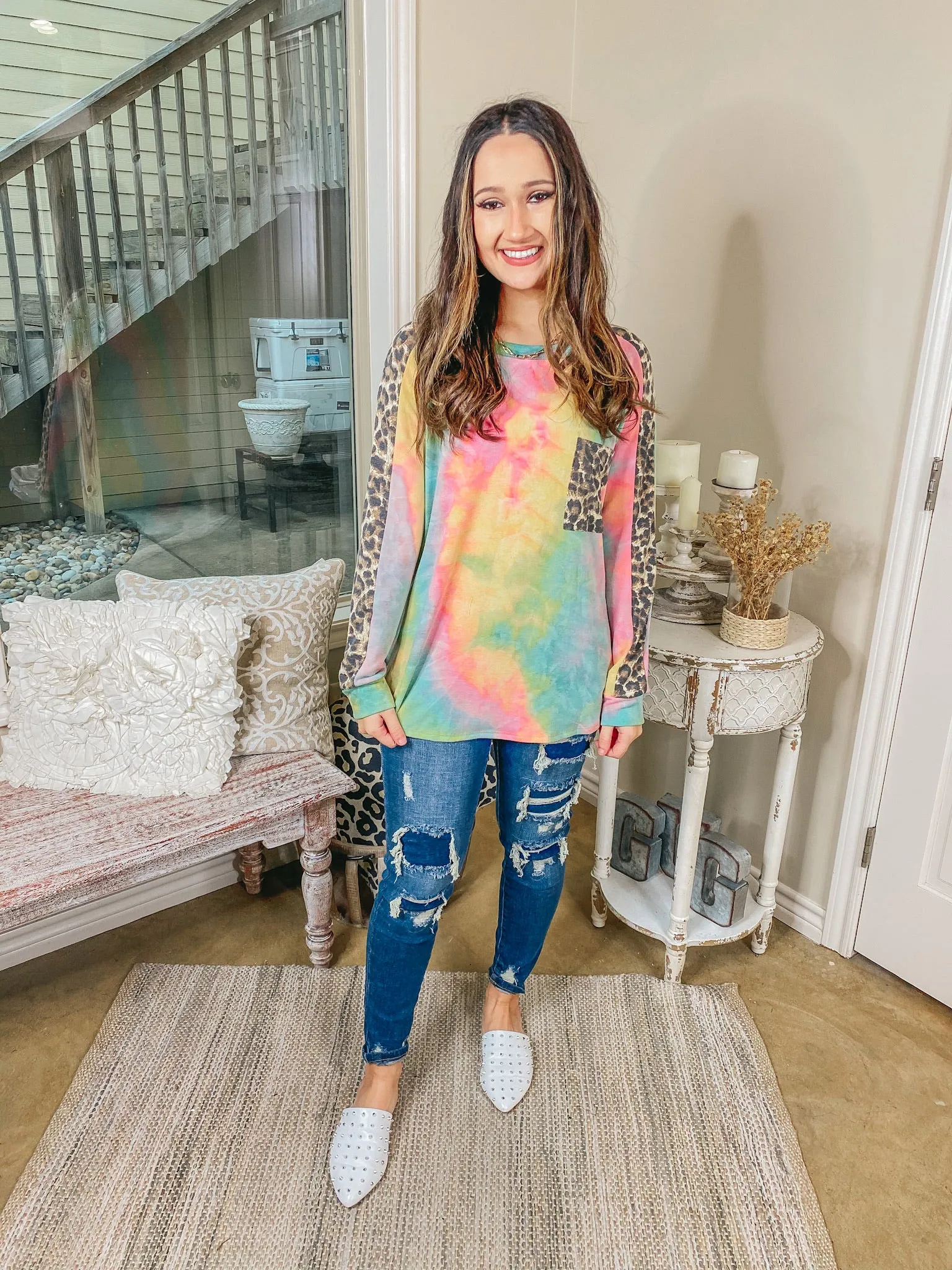 Last Chance Size 2XL | She's A Hippie Sister Tie Dye Long Sleeve Top with Leopard Accents in Yellow, Pink, and Blue