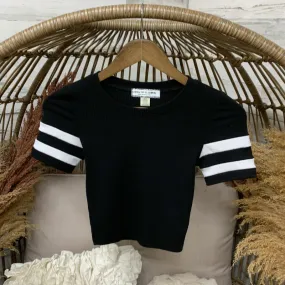 Last Chance Size Small & Med. | Varsity Girl Ribbed Jersey Crop Top in Black