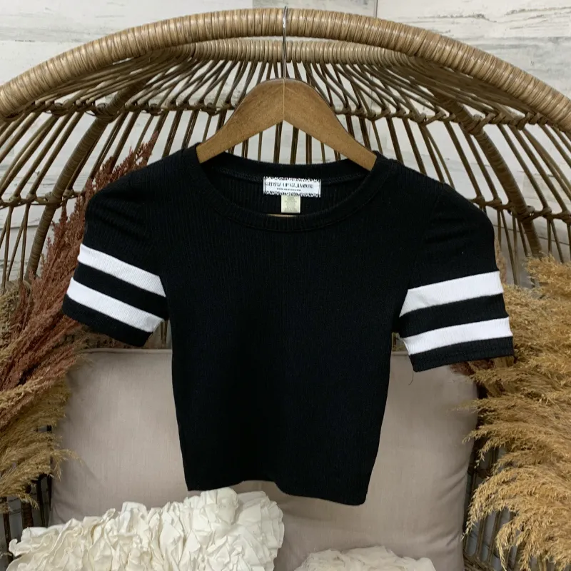 Last Chance Size Small & Med. | Varsity Girl Ribbed Jersey Crop Top in Black