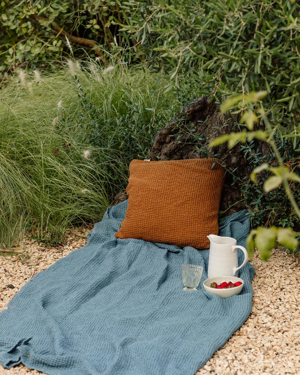 MagicLinen GRAY BLUE WAFFLE THROW / COUCH COVER / BLANKET