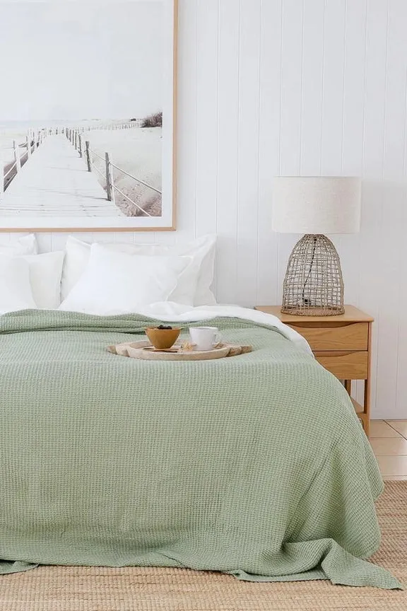 MagicLinen PISTACHIO GREEN WAFFLE THROW / COUCH COVER / BLANKET