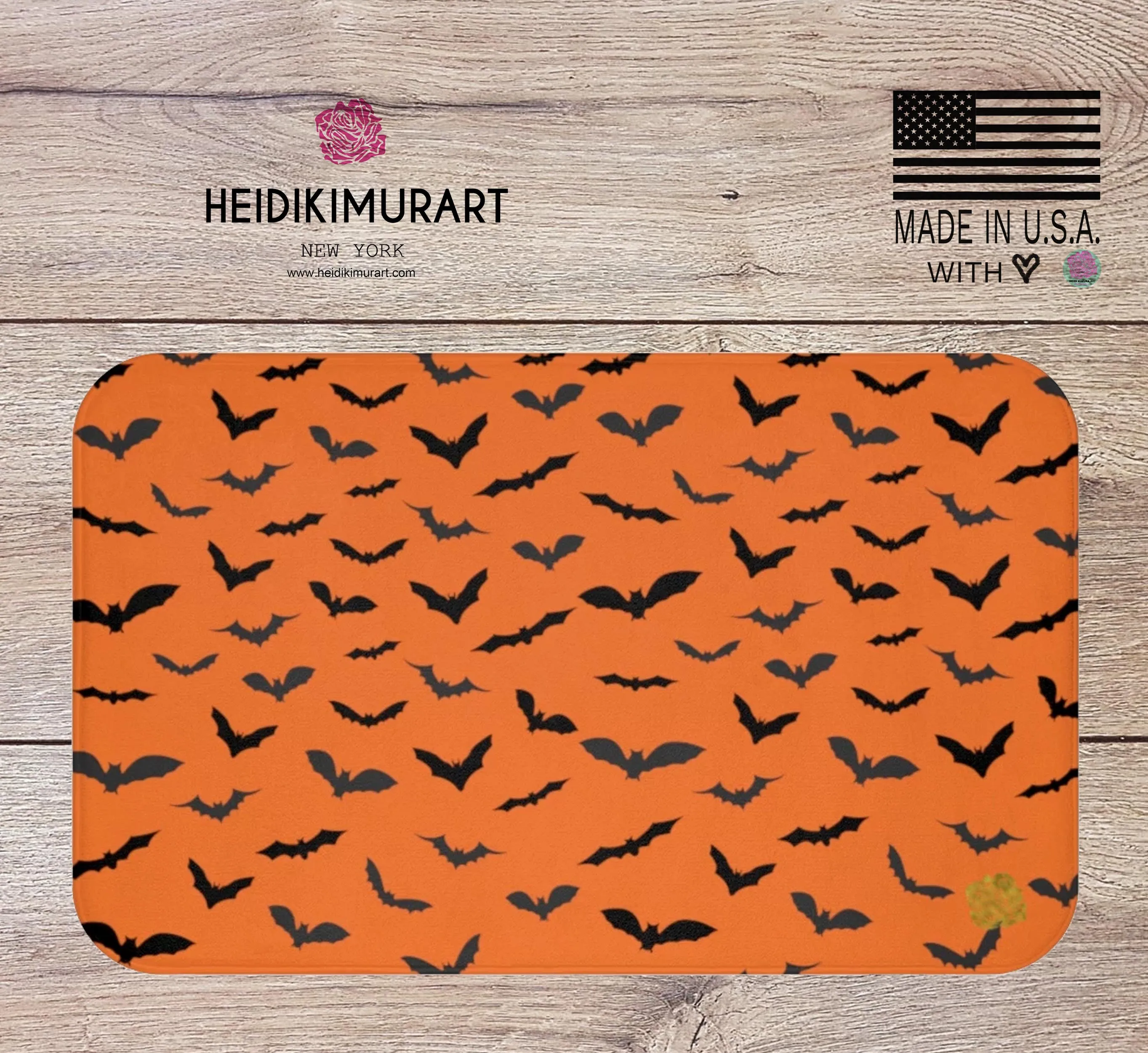 Orange Black Flying Bats Designer Halloween Bath Mat-Made in USA