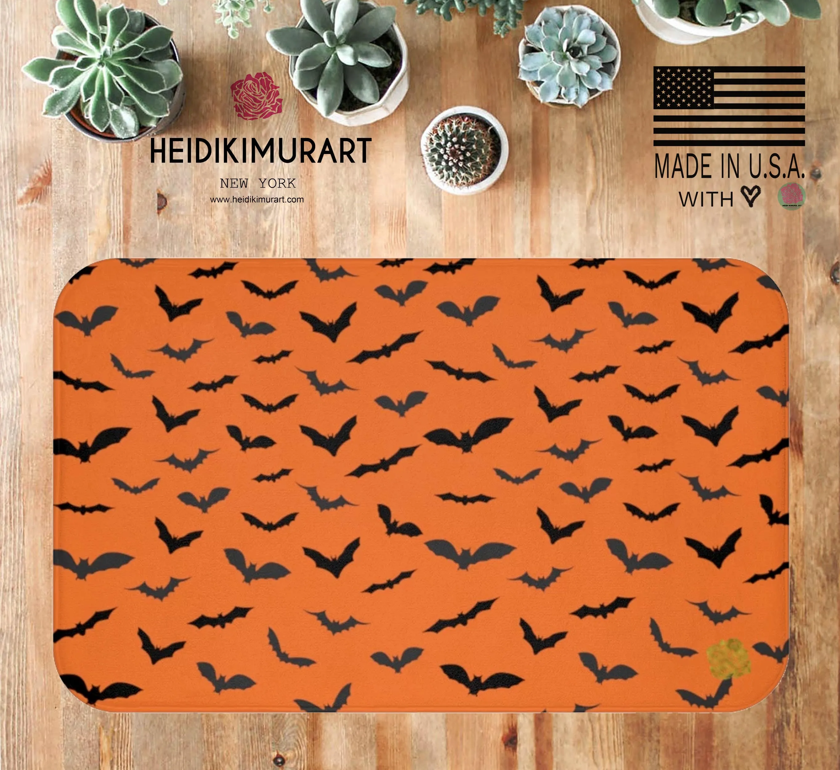 Orange Black Flying Bats Designer Halloween Bath Mat-Made in USA