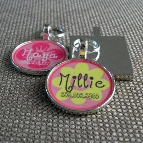 Pink Girly Flower Custom Silver Pet ID Tag