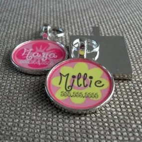 Pink Girly Flower Custom Silver Pet ID Tag