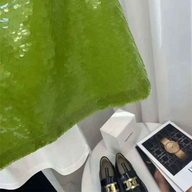 TAVIMART  -  Summer Green Sequined Mini Skirt Women Fashion Versatile Zipper A-line Mesh Skirt Female Luxury Party Skirts Z244