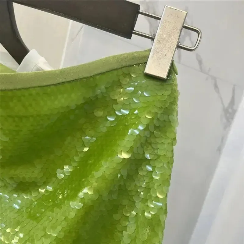 TAVIMART  -  Summer Green Sequined Mini Skirt Women Fashion Versatile Zipper A-line Mesh Skirt Female Luxury Party Skirts Z244