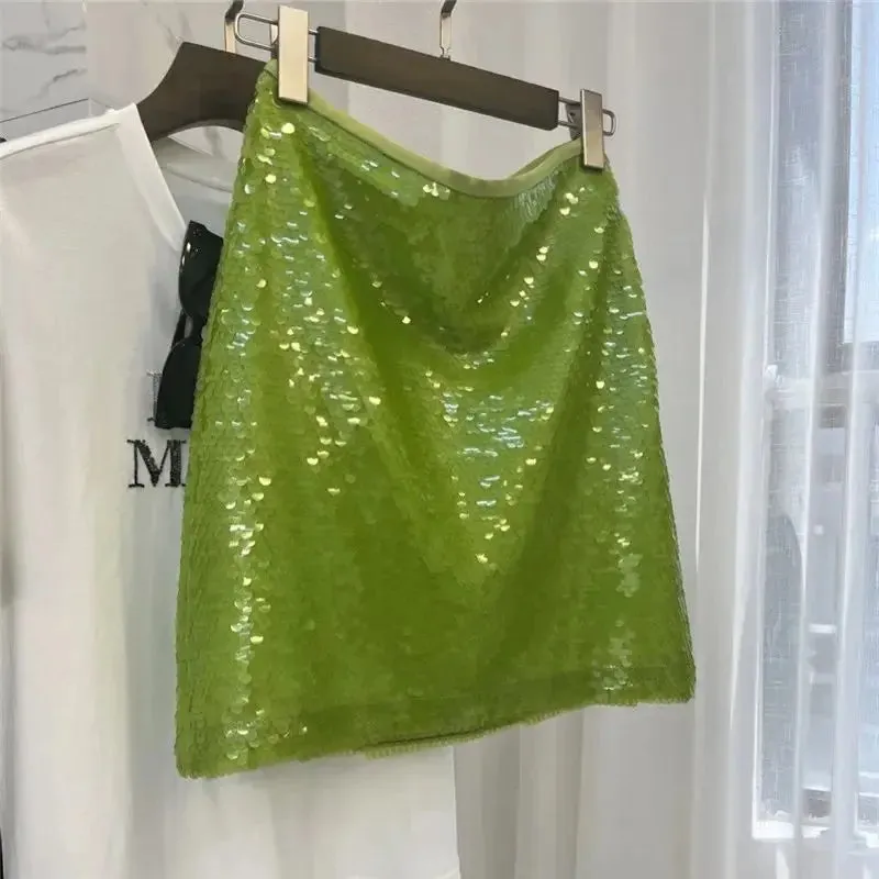 TAVIMART  -  Summer Green Sequined Mini Skirt Women Fashion Versatile Zipper A-line Mesh Skirt Female Luxury Party Skirts Z244